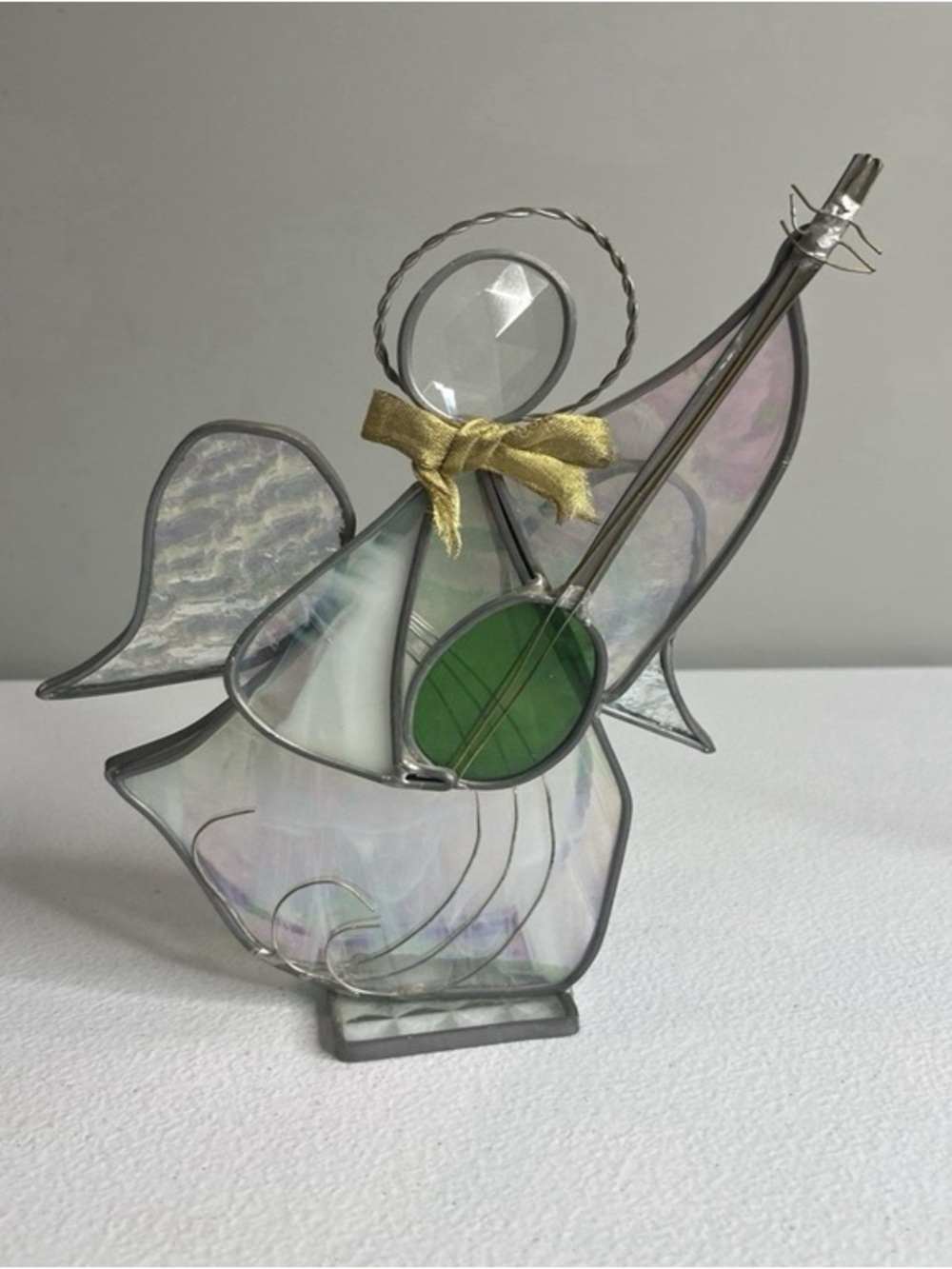 Iridescent Stained Glass Angel with Green Lute and Gold Bow